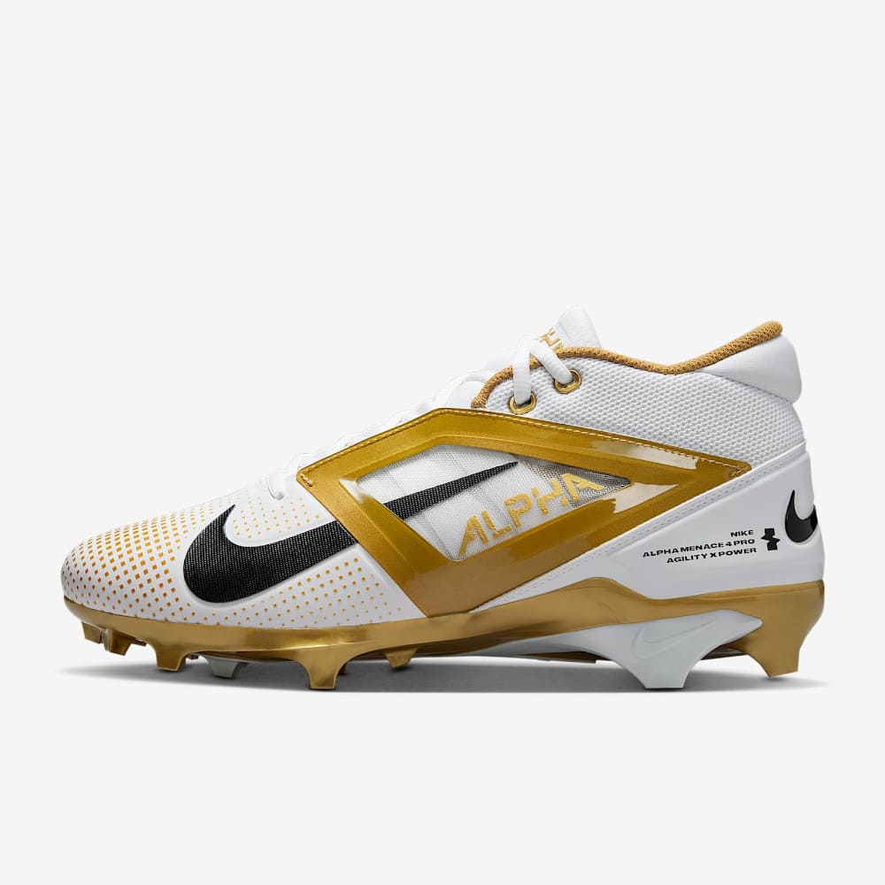 Playmaker Base: American Football Schuhe Nike Alpha Menace 4 Pro Weiß-Gold Produktbild