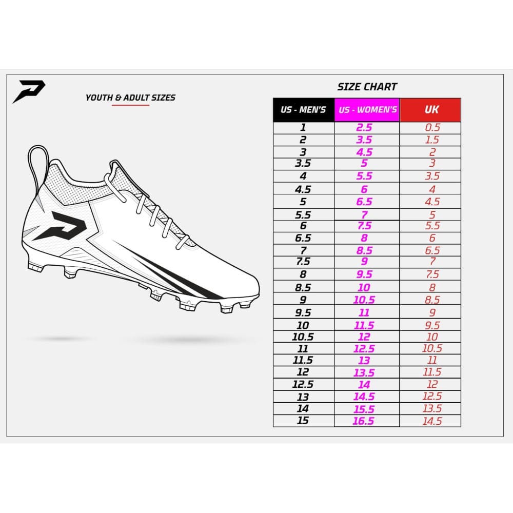 Playmaker Base: Phenom Elite Quantum Speed Cleats Sizechart