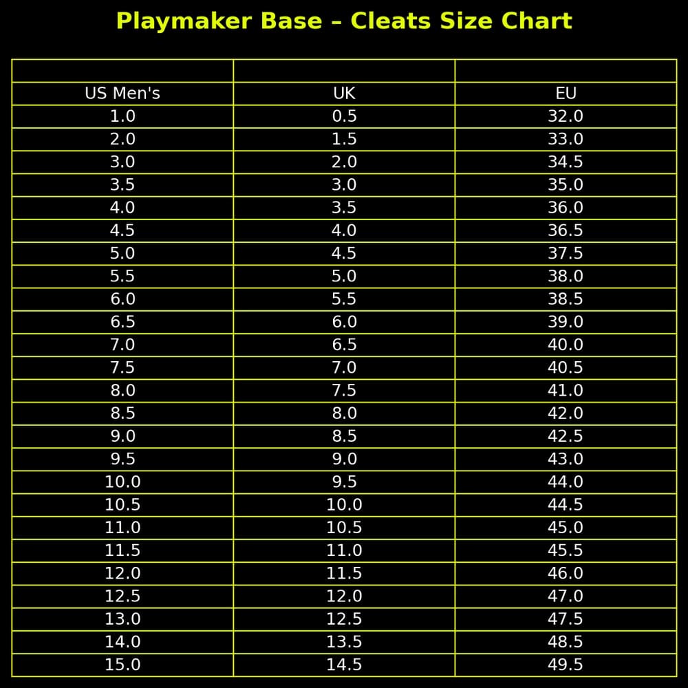 Playmaker Base: Phenom Elite Quantum Speed Cleats Sizechart 1